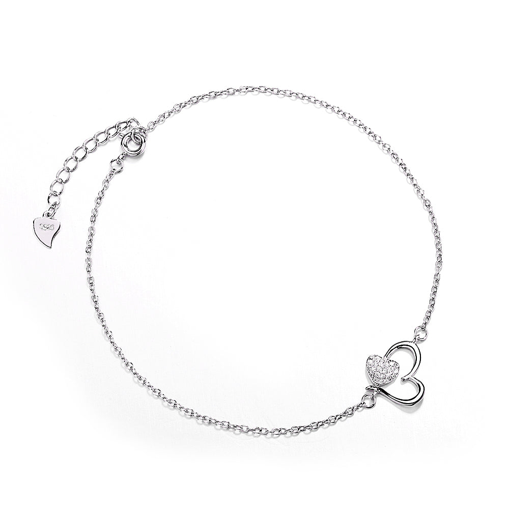 14k Rose Gold and Sterling Silver Heart Anklet with Crystals - The Avenue44