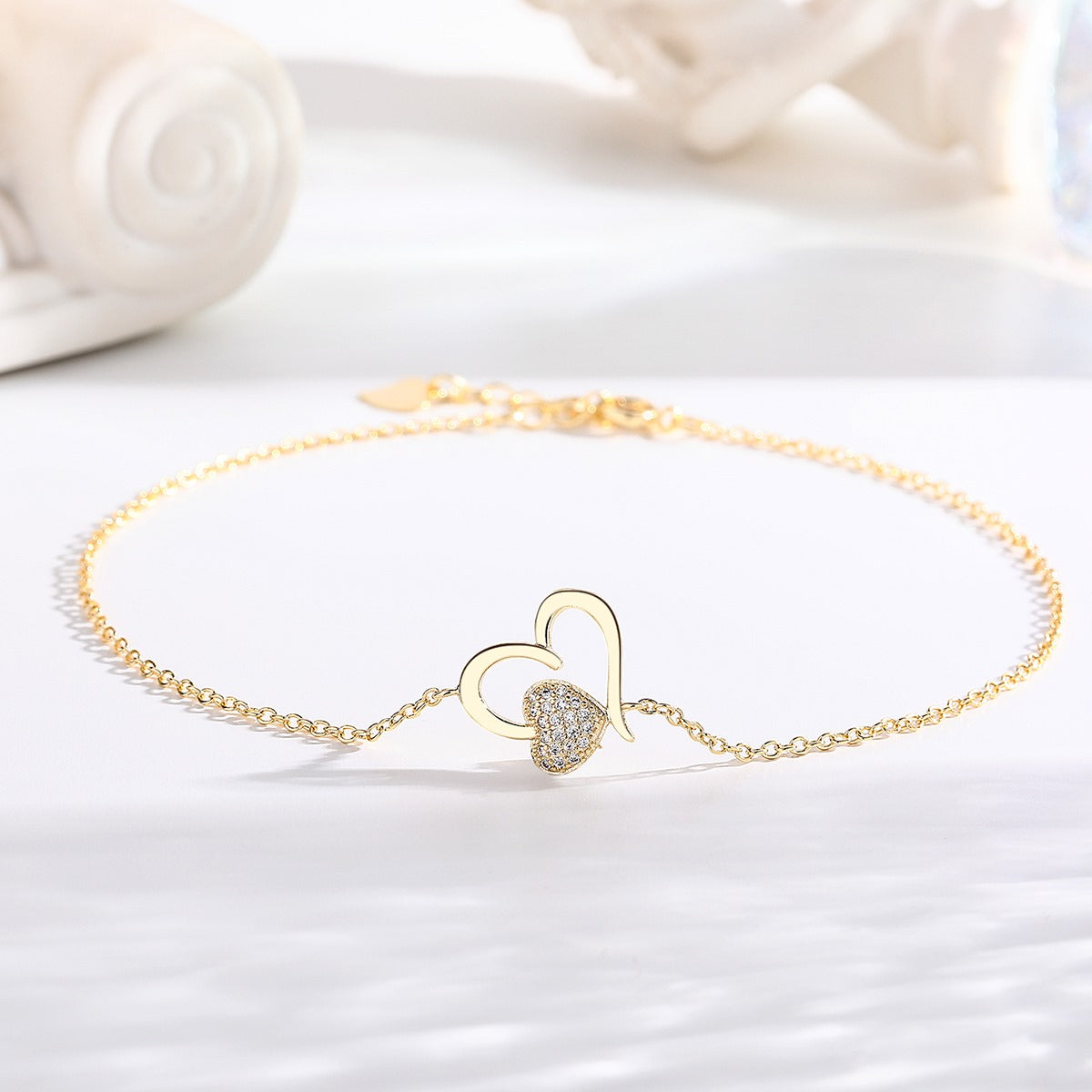14k Rose Gold and Sterling Silver Heart Anklet with Crystals - The Avenue44