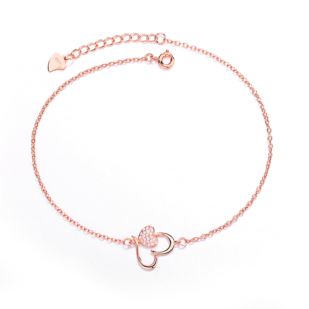 14k Rose Gold and Sterling Silver Heart Anklet with Crystals - The Avenue44