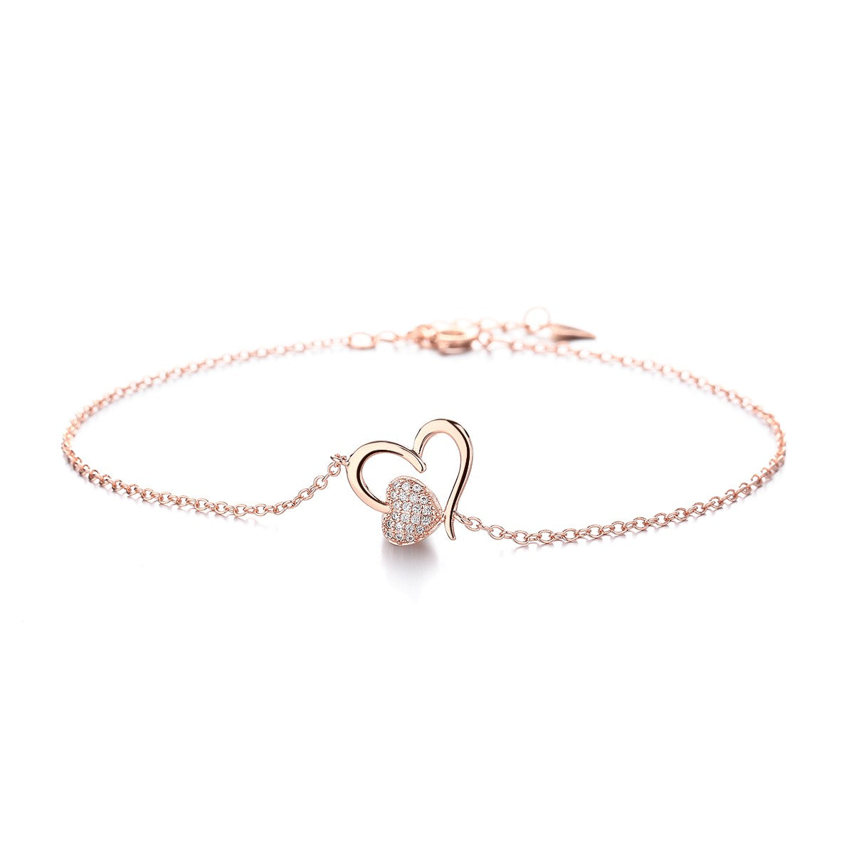 14k Rose Gold and Sterling Silver Heart Anklet with Crystals - The Avenue44