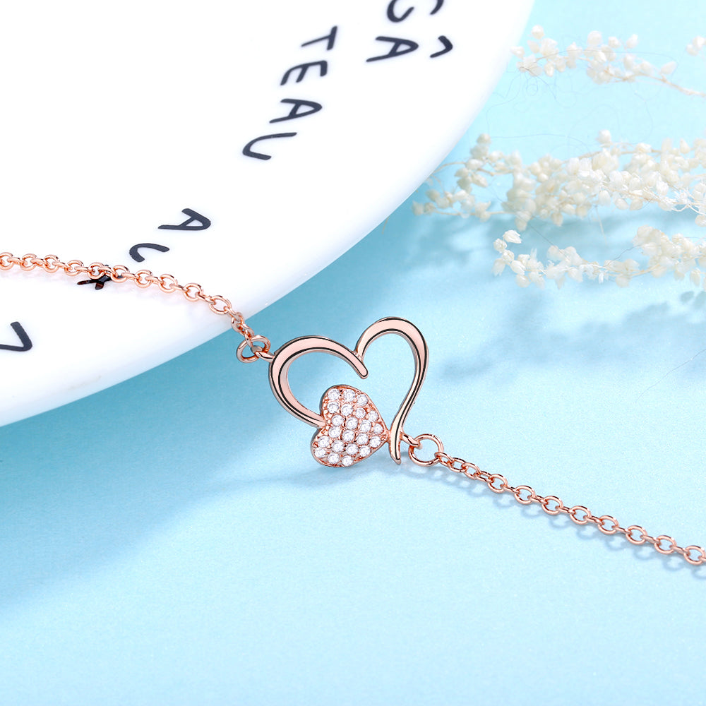 14k Rose Gold and Sterling Silver Heart Anklet with Crystals - The Avenue44