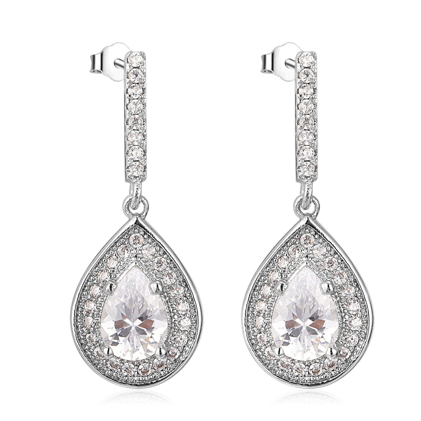 Drop & Dangle Oval Halo Studded Earrings in 14K White Gold - The Avenue44