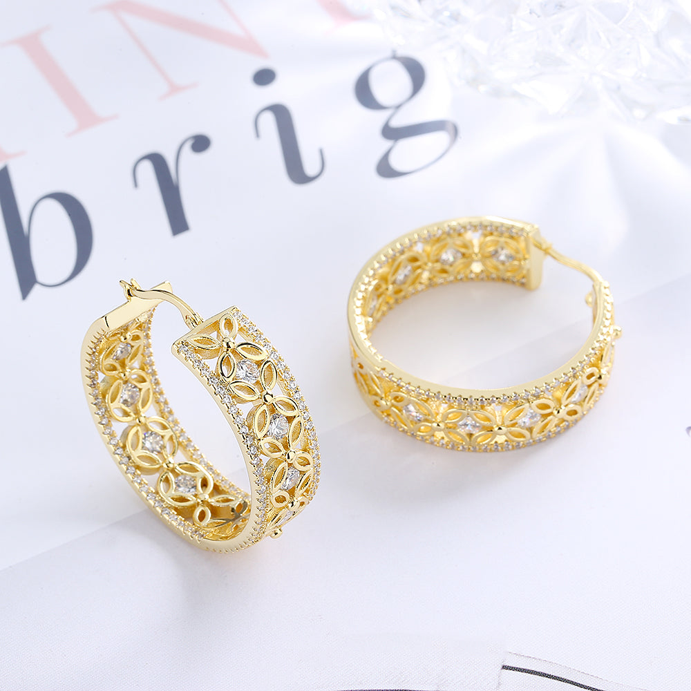 14K Gold Filigree Flower Hoop Earring with crystals from Swarovski - The Avenue44