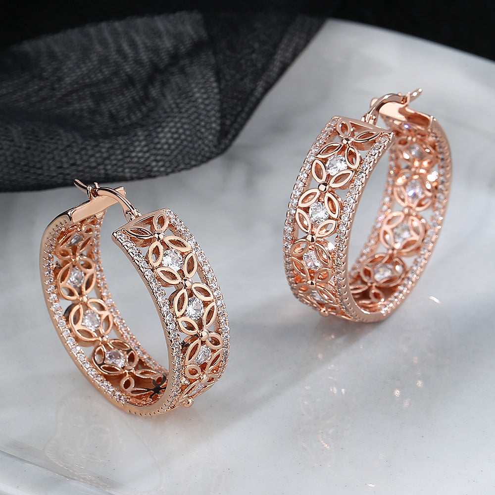 14K Gold Filigree Flower Hoop Earring with crystals from Swarovski - The Avenue44