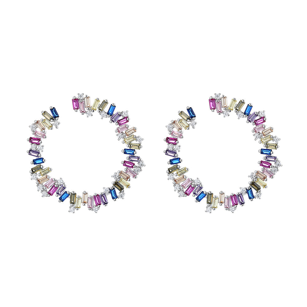 Sterling Silver Multi-Color J Hoop Earring with Crystals - The Avenue44