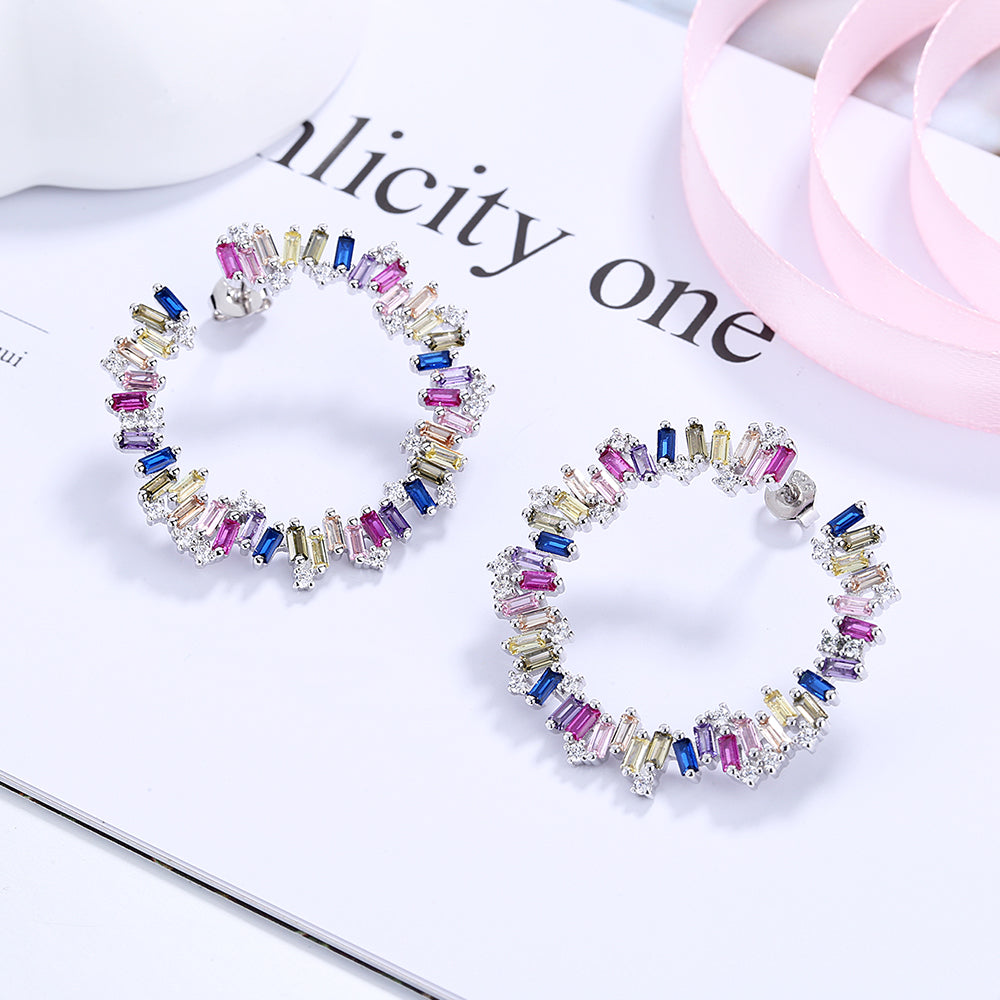 Sterling Silver Multi-Color J Hoop Earring with Crystals - The Avenue44