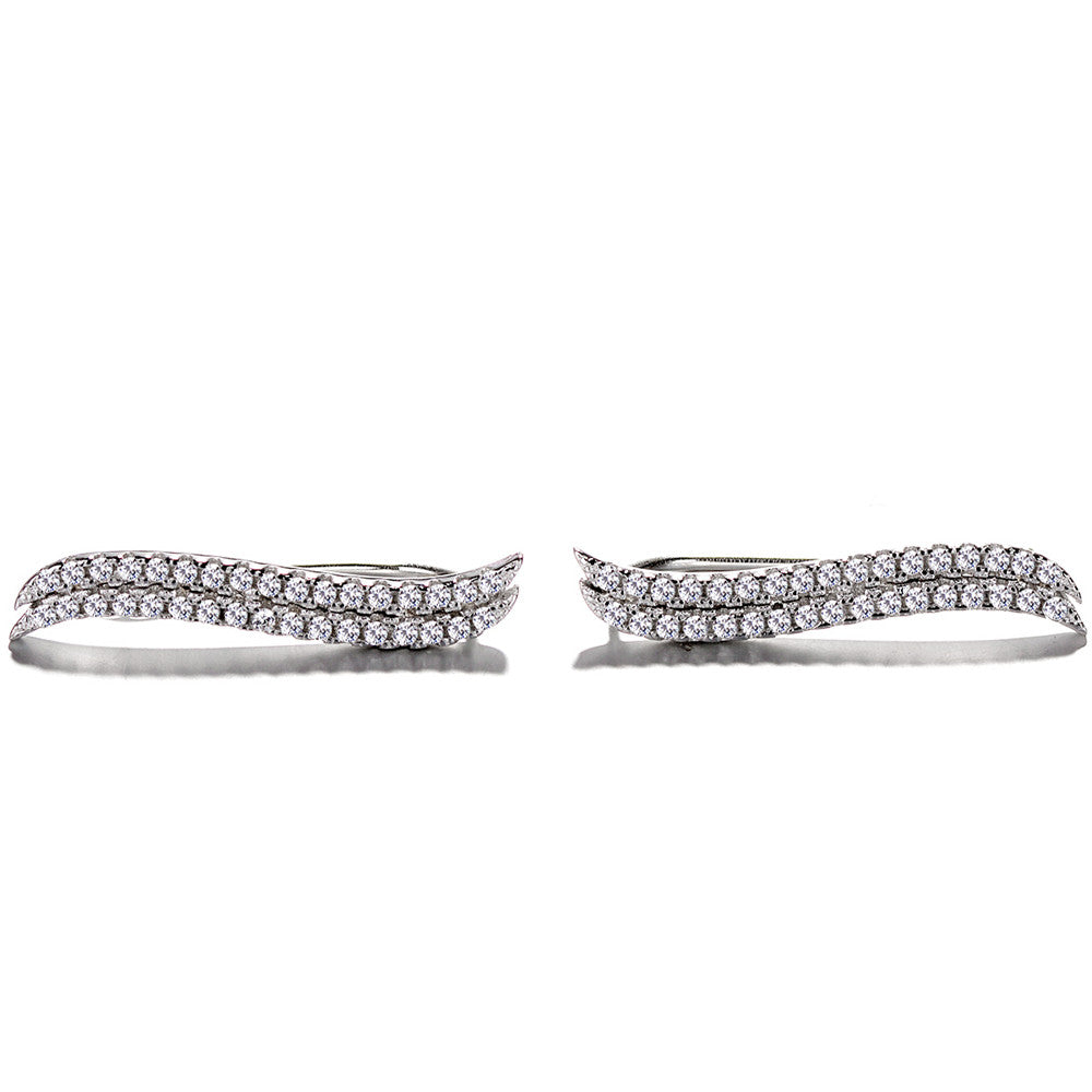 14K White Gold Double Wave Crystal Climber Earrings - The Avenue44