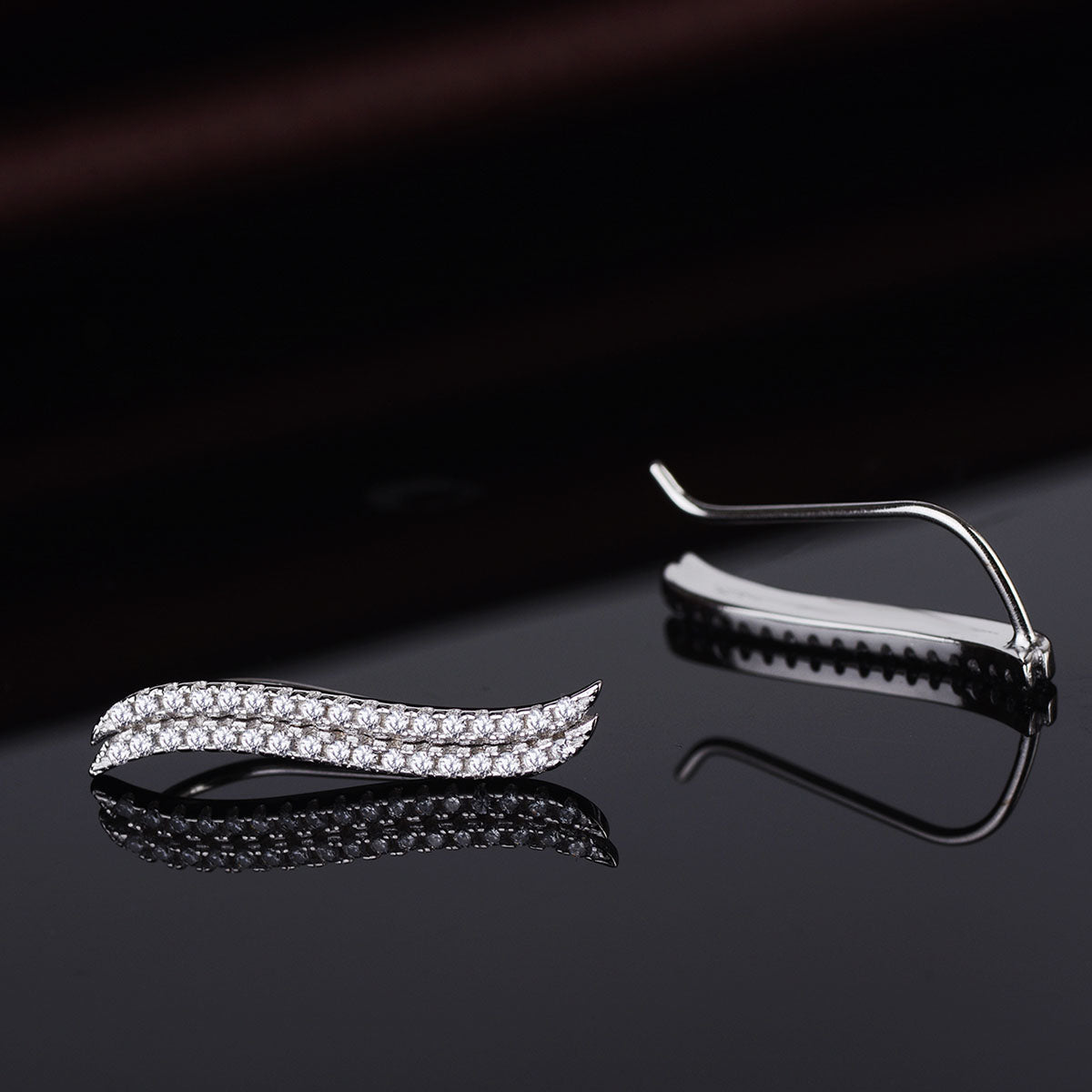 14K White Gold Double Wave Crystal Climber Earrings - The Avenue44