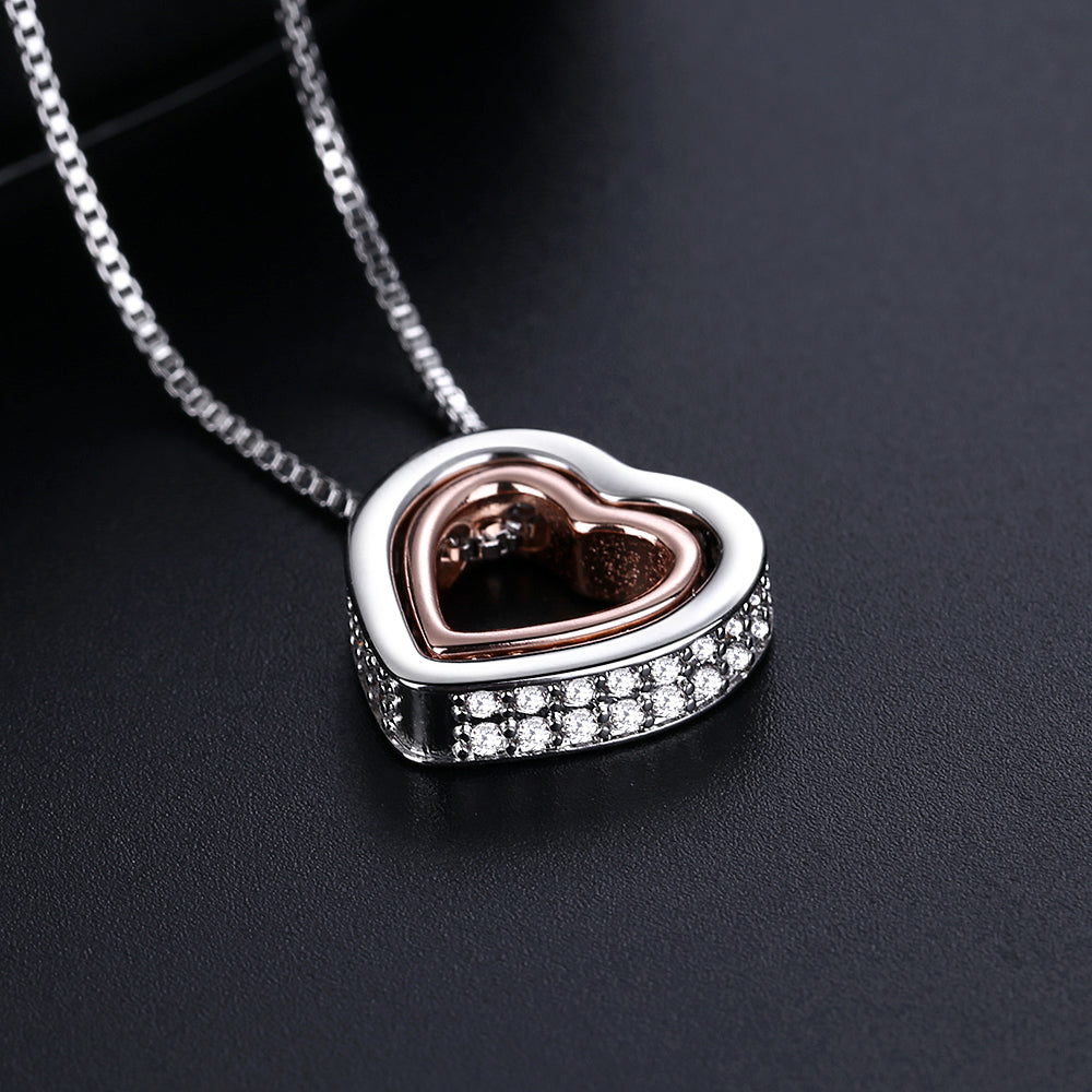 18K White and Rose Gold Two-Tone Crystal Heart Necklace Inscribed "Love You" - The Avenue44