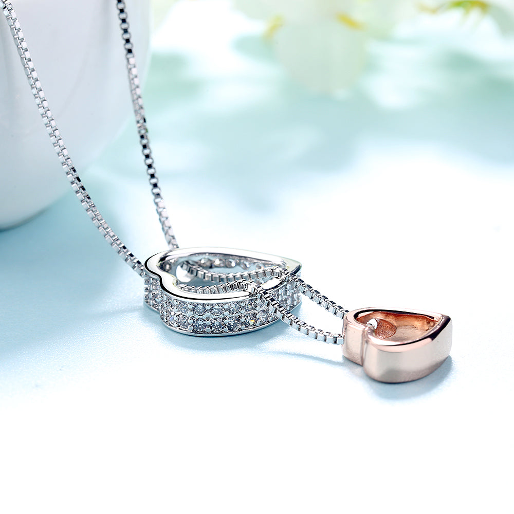 18K White and Rose Gold Two-Tone Crystal Heart Necklace Inscribed "Love You" - The Avenue44