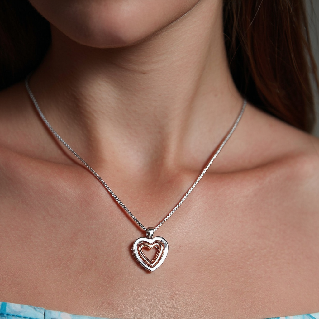 18K White and Rose Gold Two-Tone Crystal Heart Necklace Inscribed "Love You" - The Avenue44