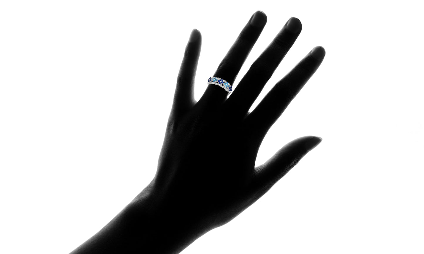 Blue Cubic Zirconia & Rhodium Band-of-Flowers Ring - The Avenue44