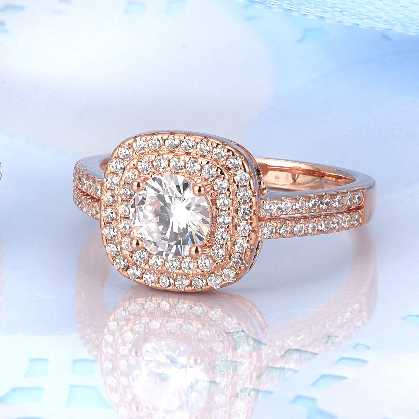 18k Rose Gold Halo Engagement Ring With Genuine Crystals - The Avenue44