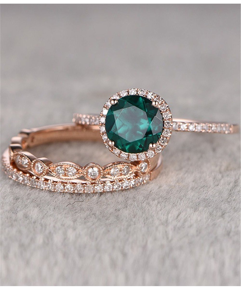 14k Rose Gold 3 Pair Stackable Ring with Genuine Crystals - The Avenue44