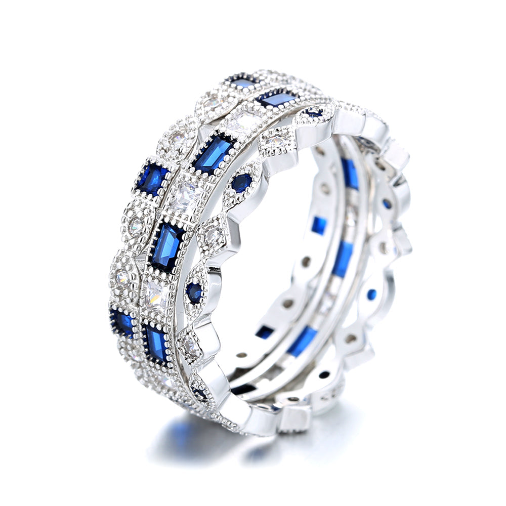 14K White Gold Sapphire French Milligram 3 piece Ring Set - The Avenue44