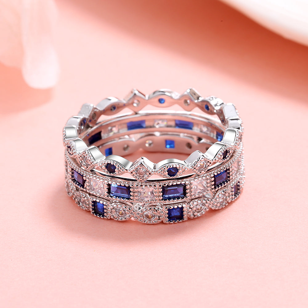 14K White Gold Sapphire French Milligram 3 piece Ring Set - The Avenue44