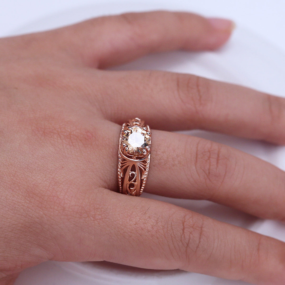 14k Rose Gold Filigree Engagement Champagne Ring - The Avenue44