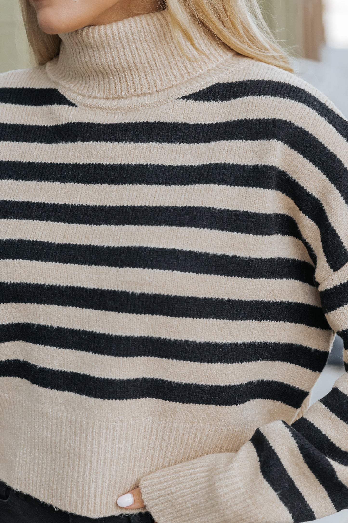 Beige and Black Striped Turtleneck Sweater-FINAL SALE - The Avenue44