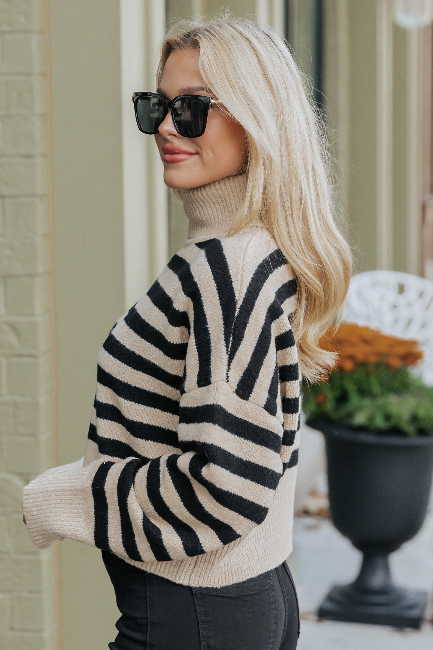Beige and Black Striped Turtleneck Sweater-FINAL SALE - The Avenue44