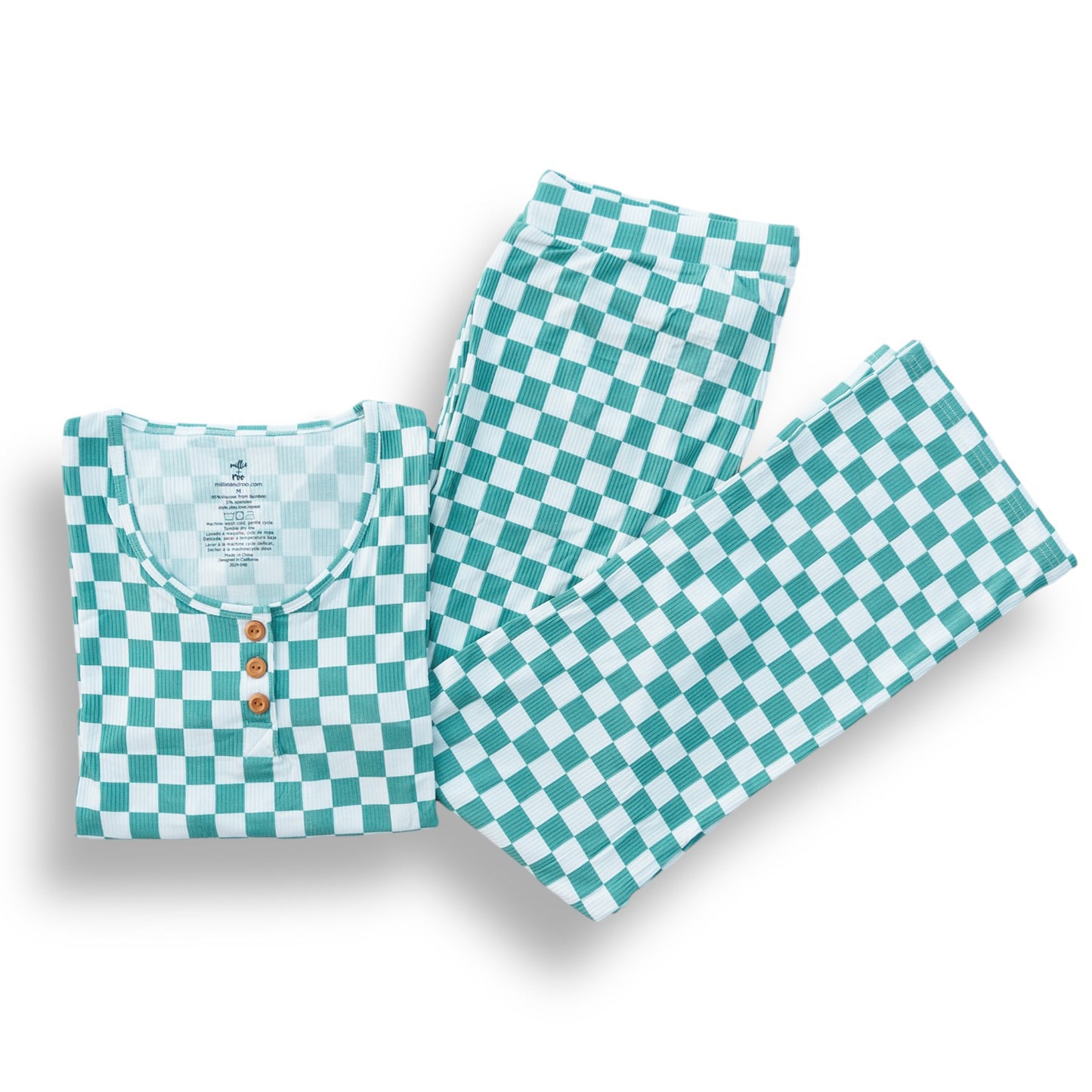 WOMEN'S PAJAMA SET- Sage Check Ribbed - The Avenue44