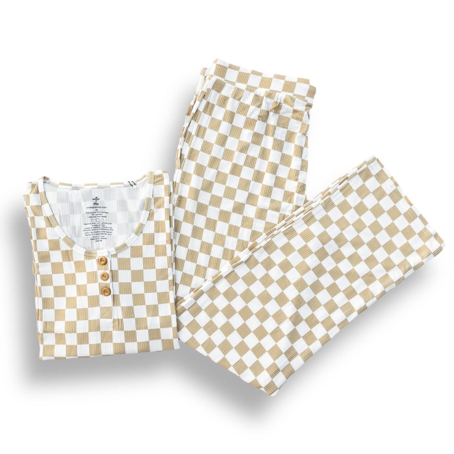 WOMEN'S PAJAMA SET- Tan Check Ribbed - The Avenue44