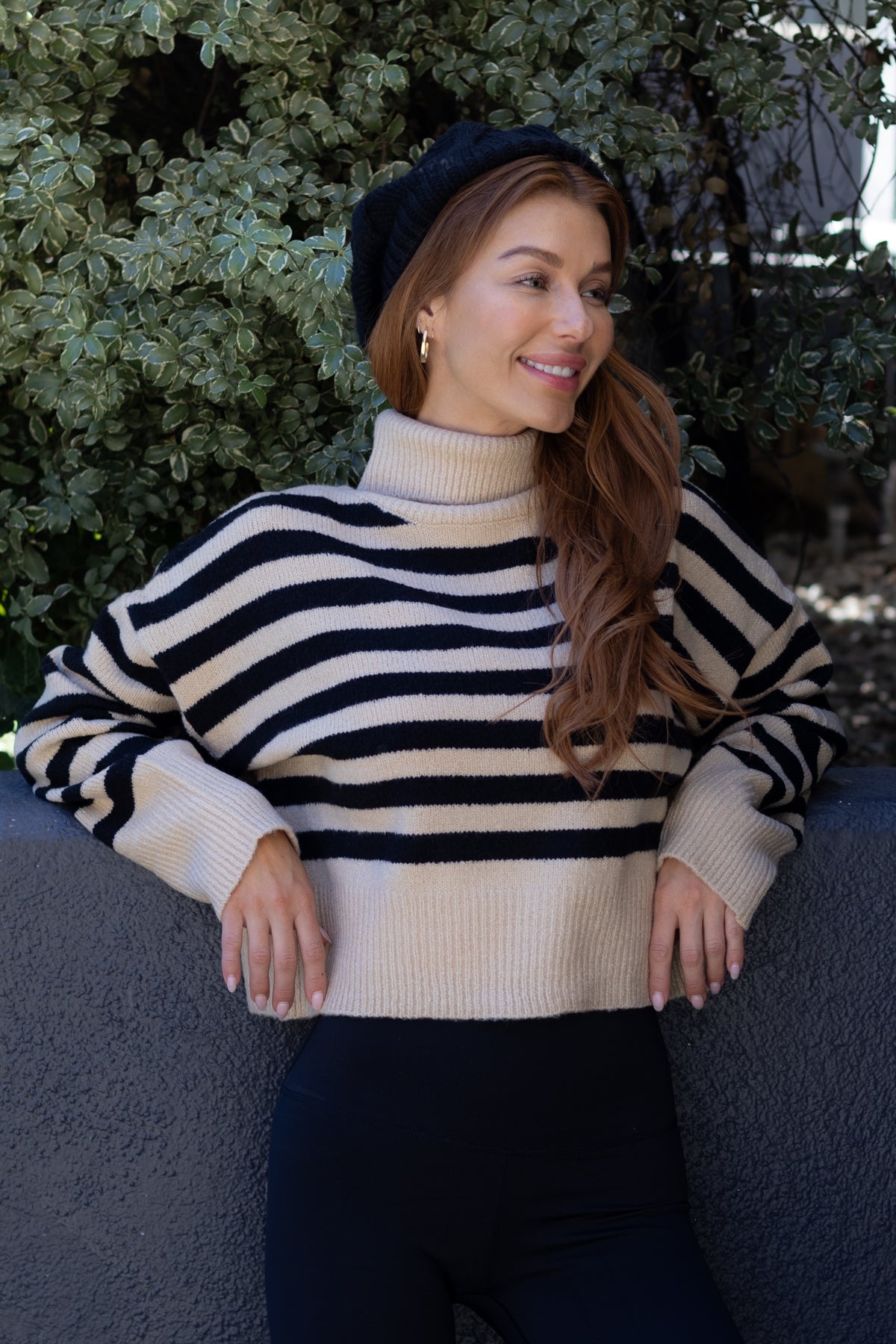 Beige and Black Striped Turtleneck Sweater-FINAL SALE - The Avenue44