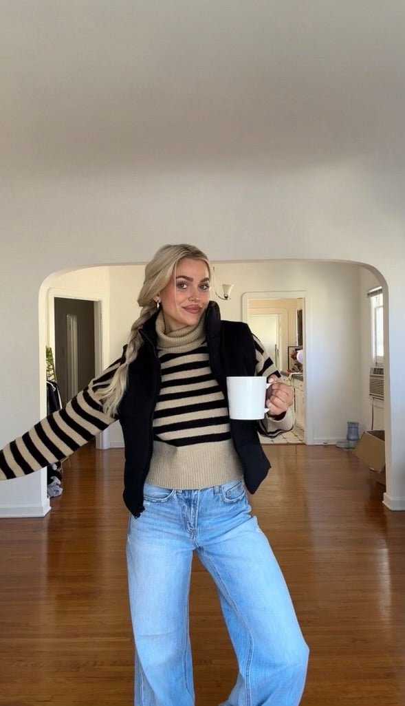 Beige and Black Striped Turtleneck Sweater-FINAL SALE - The Avenue44