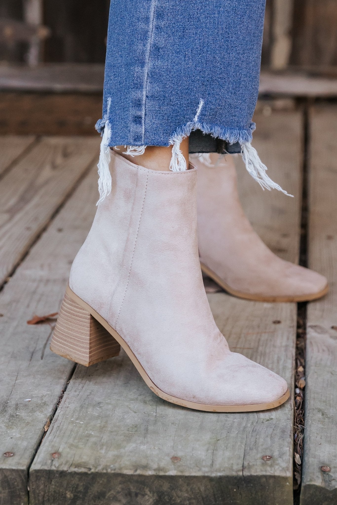 Beige Faux Suede Heeled Ankle Booties - FINAL SALE - The Avenue44