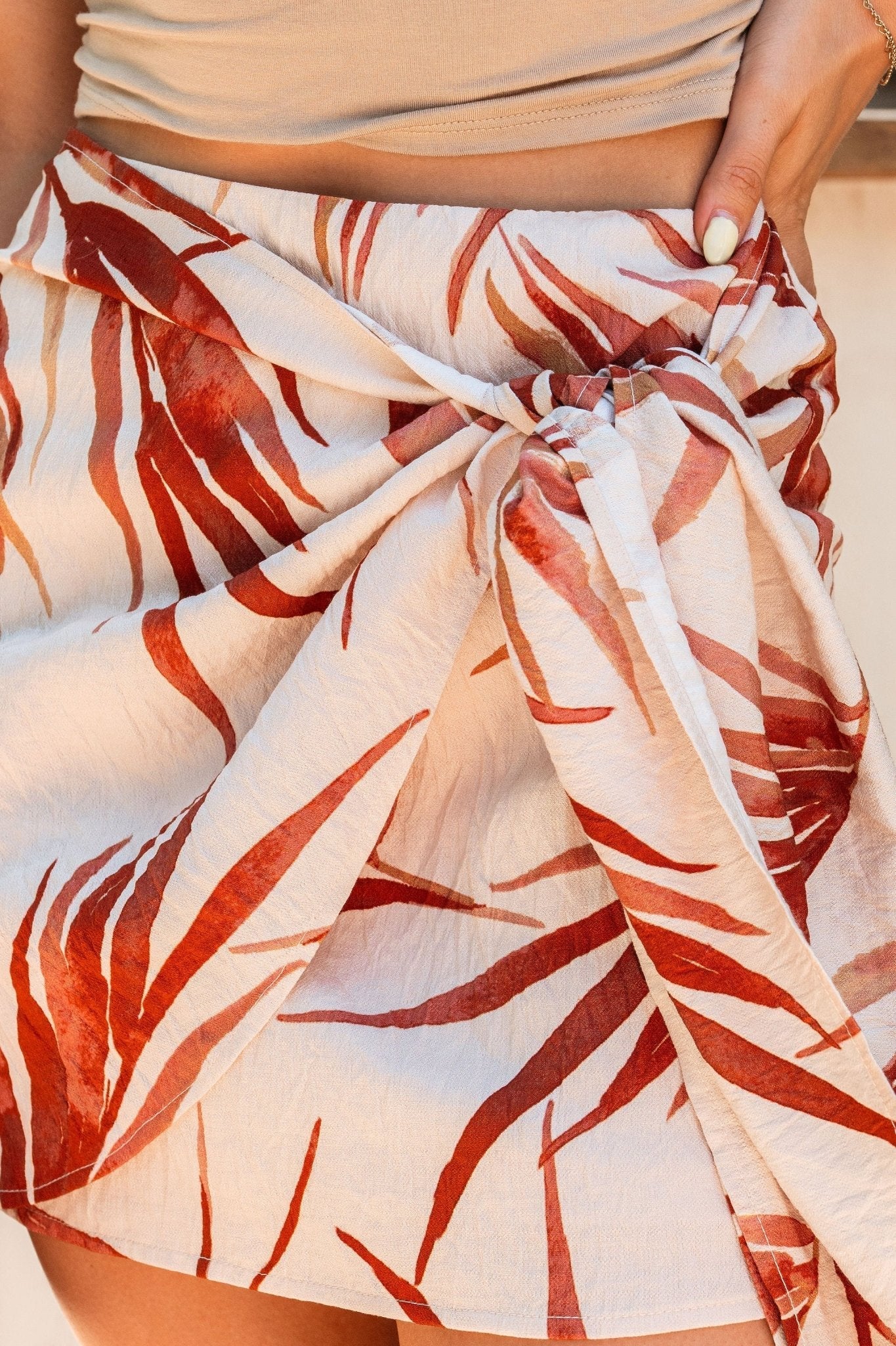 Beige Tropical Floral Print Wrap Tie Mini Skirt - FINAL SALE - The Avenue44