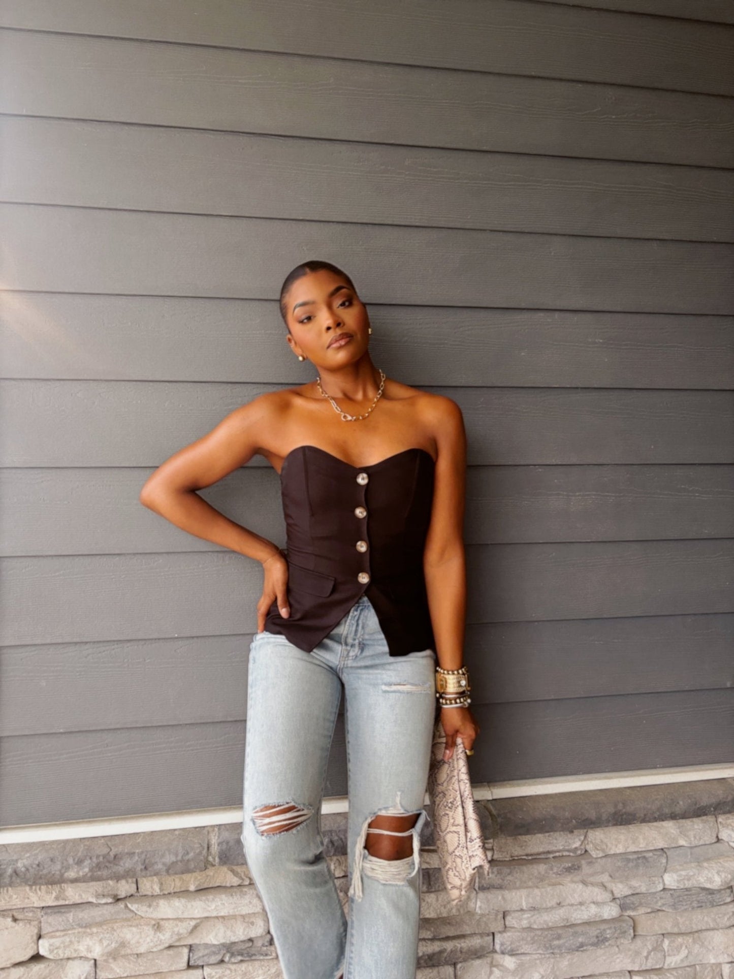 Black Button Front Tube Top - FINAL SALE - The Avenue44