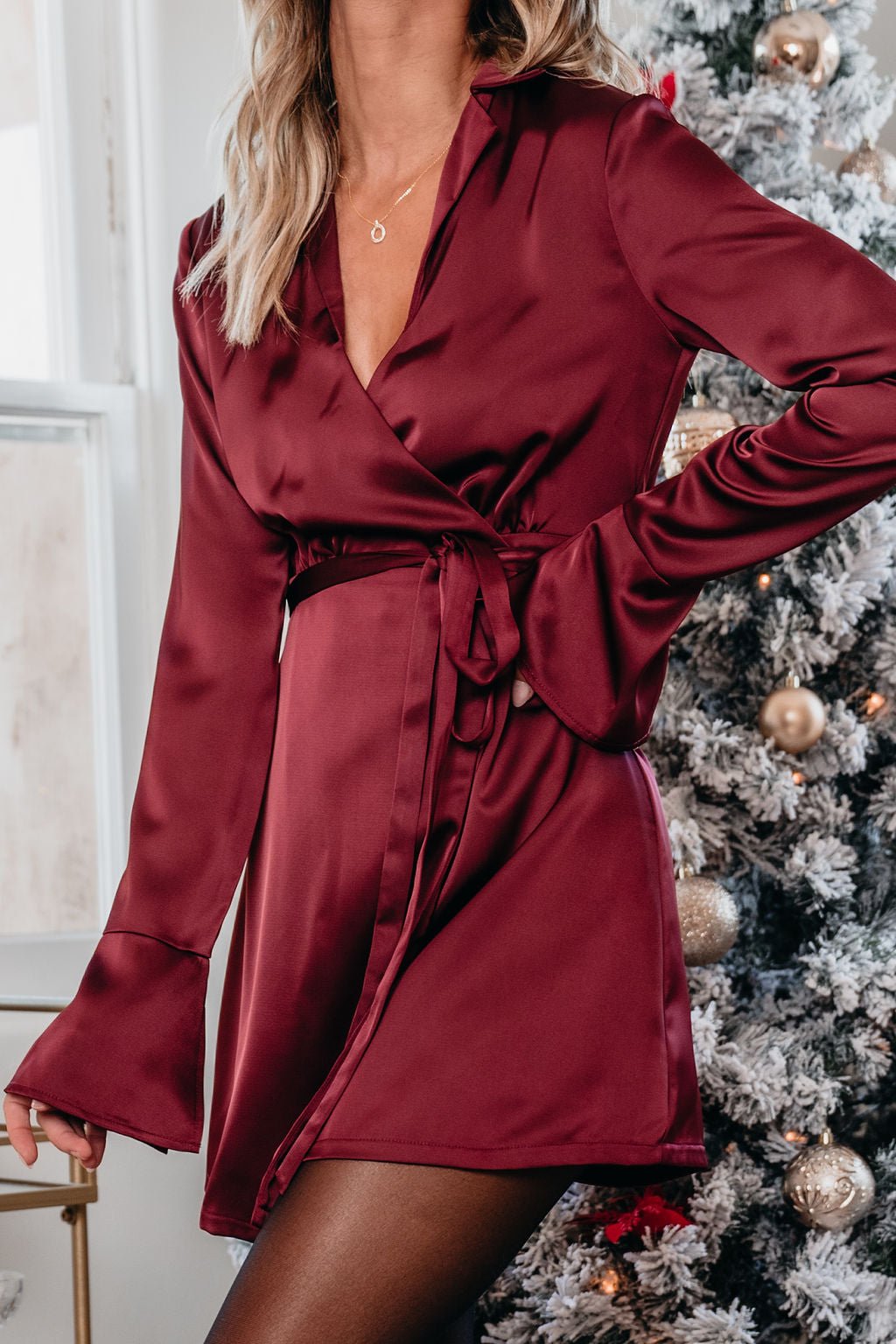 Burgundy Wrap Satin Mini Dress-FINAL SALE - The Avenue44