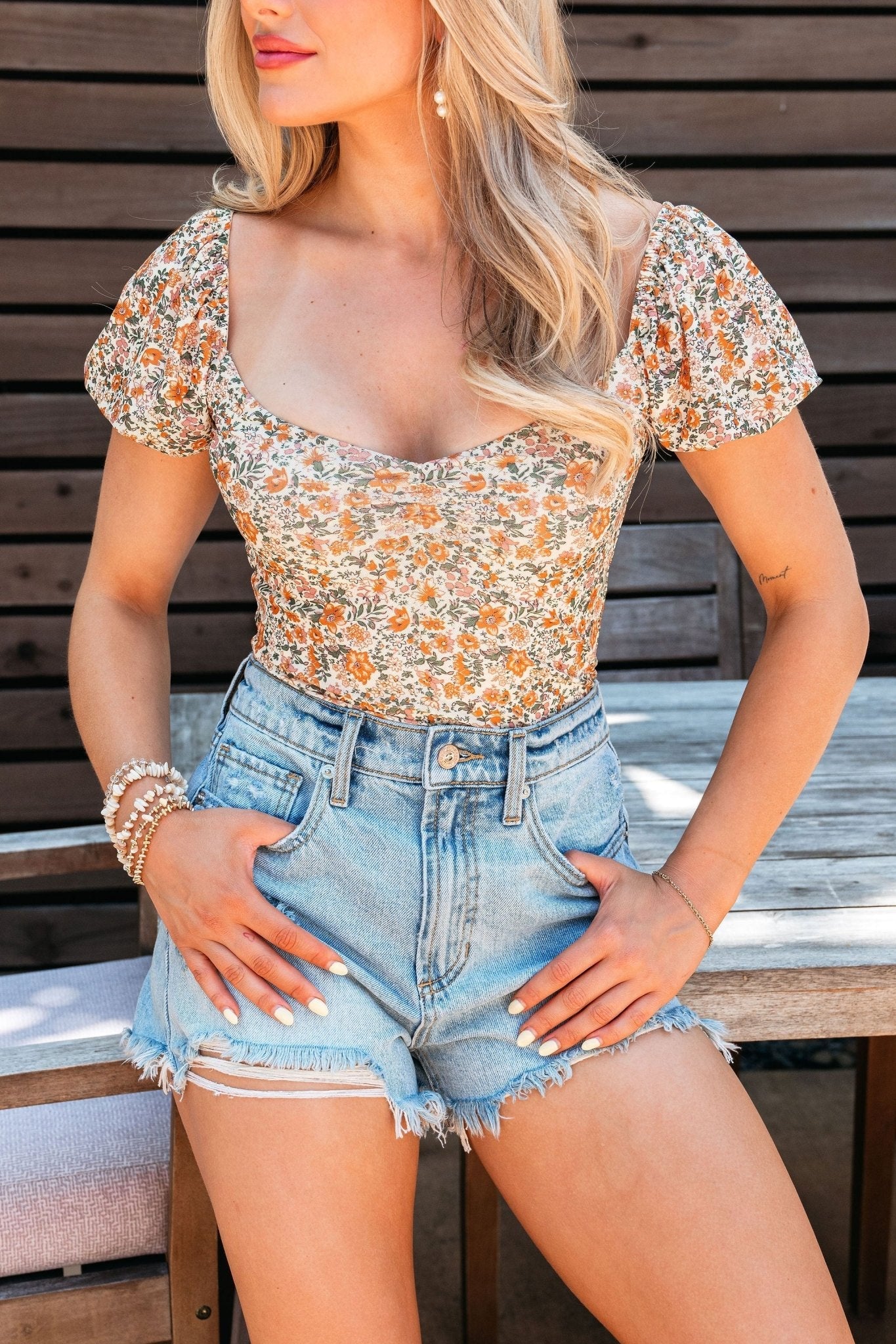 Cream Floral Print Puff Sleeve Bodysuit - FINAL SALE - The Avenue44