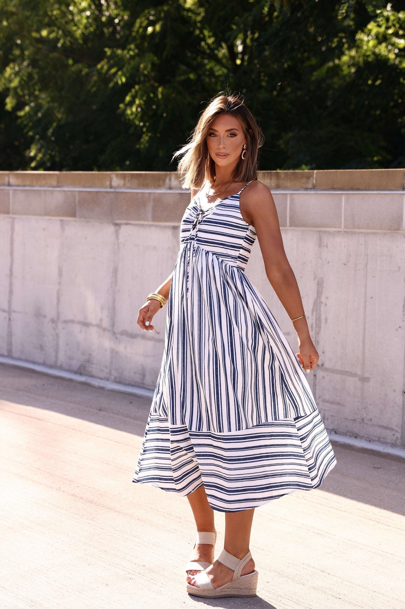 Navy and White Striped Tie Front Midi Dress - FINAL SALE - The Avenue44