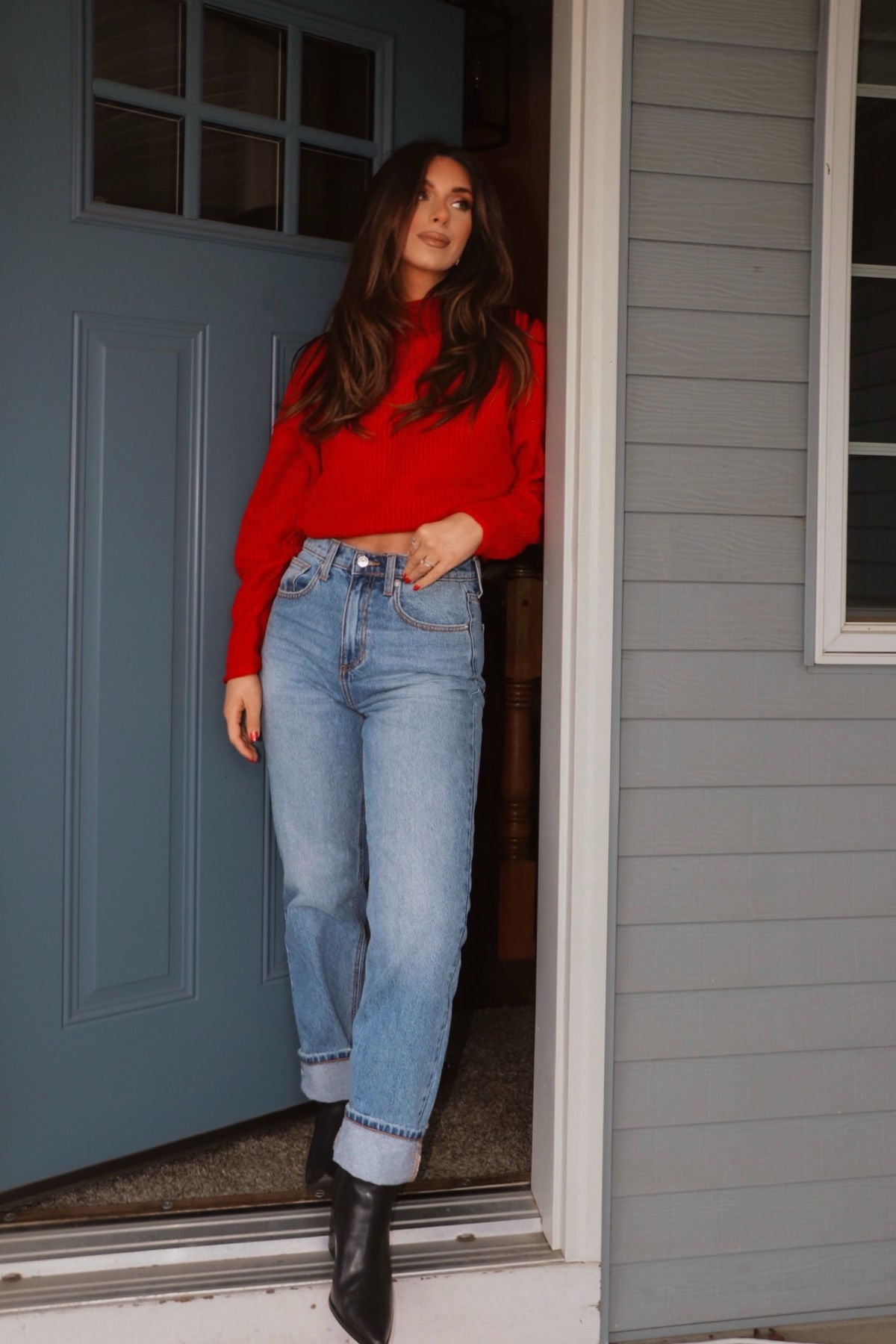 Winter Wonderland Red Mock Neck Sweater-FINAL SALE - The Avenue44