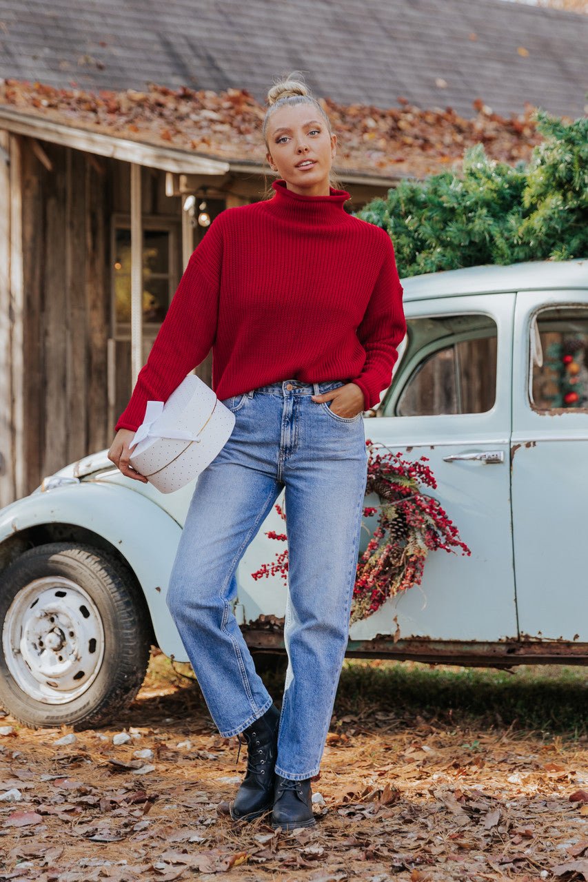 Winter Wonderland Red Mock Neck Sweater-FINAL SALE - The Avenue44