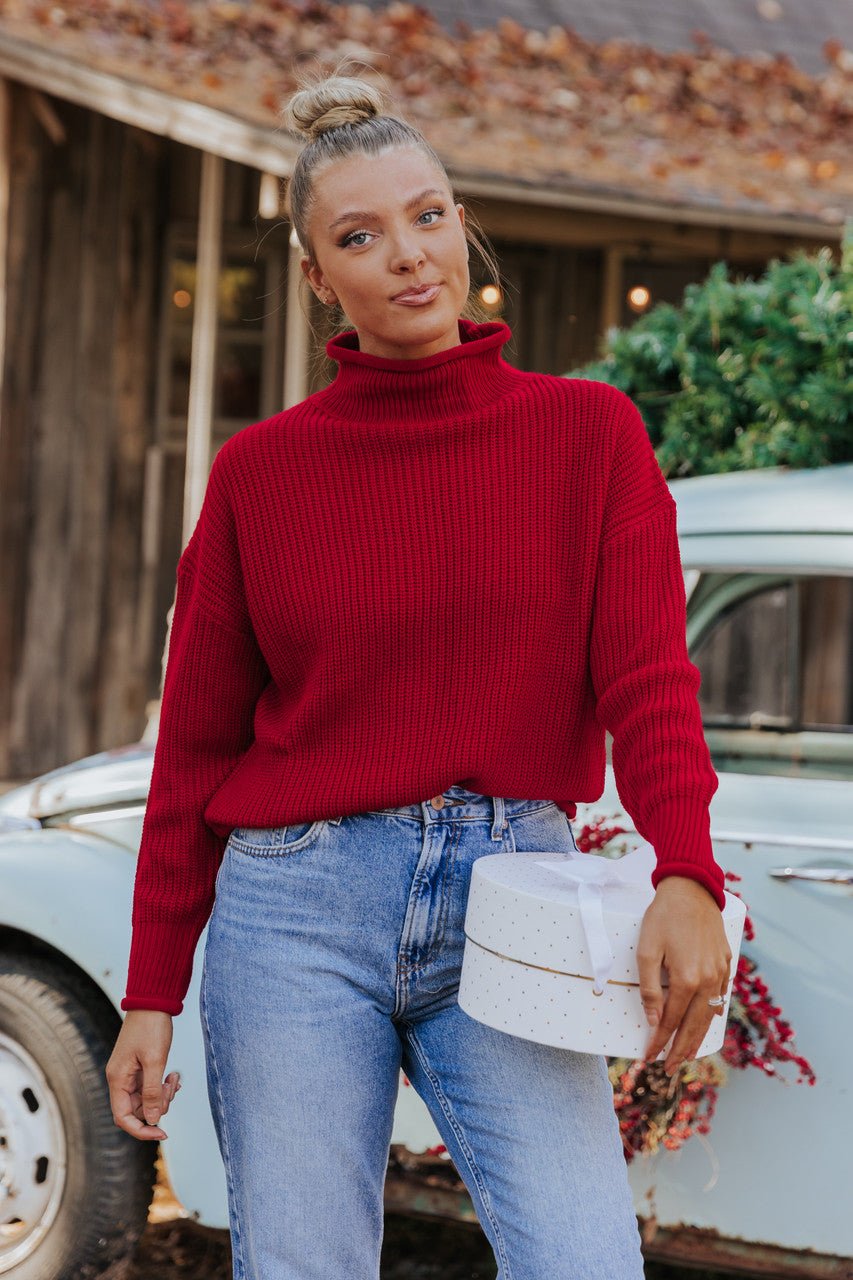 Winter Wonderland Red Mock Neck Sweater-FINAL SALE - The Avenue44