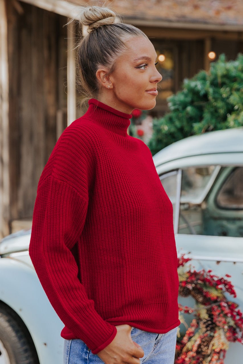 Winter Wonderland Red Mock Neck Sweater-FINAL SALE - The Avenue44