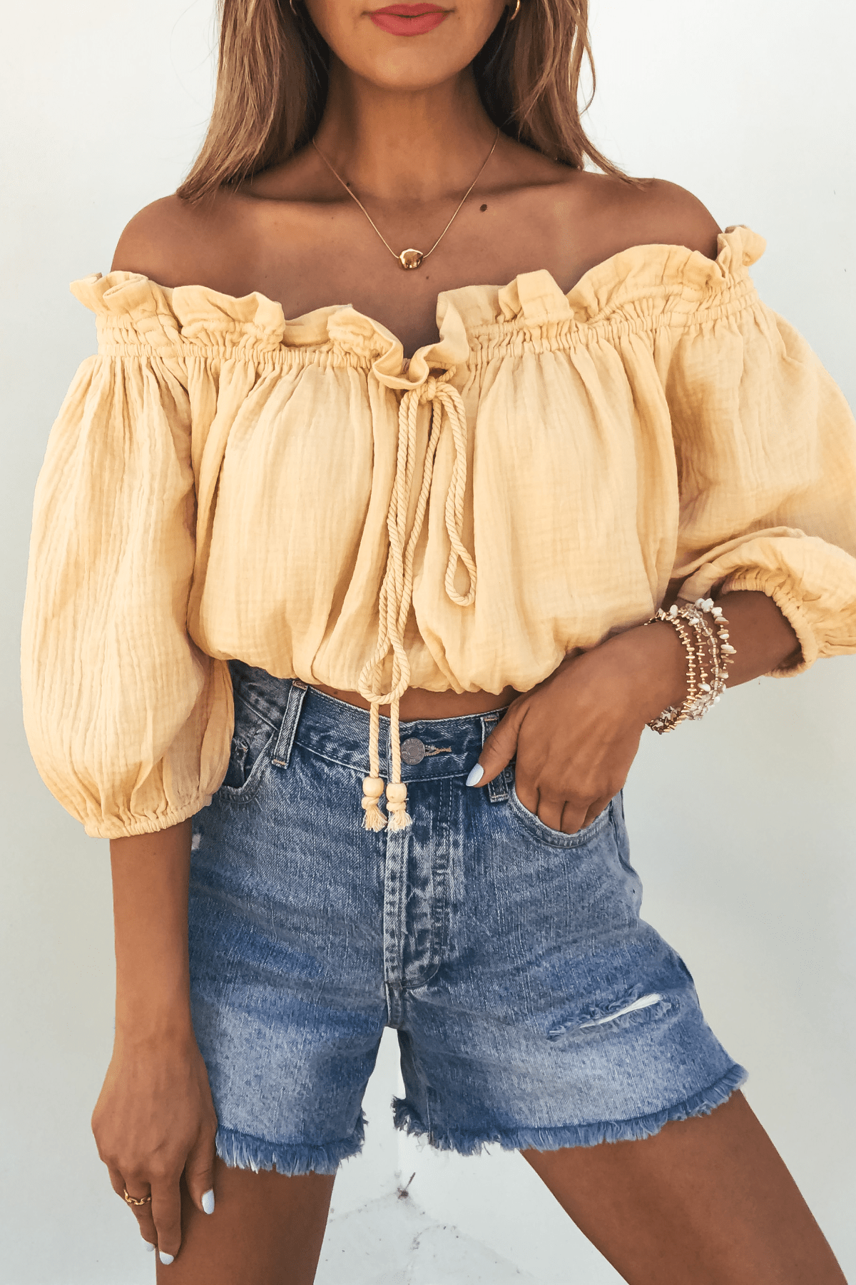 Yellow Bubble Hem Off The Shoulder Top - FINAL SALE - The Avenue44