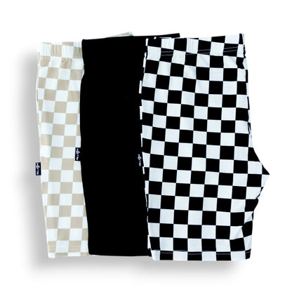 BIKER SHORTS- 3 Pack- B+W Check, Tan Check + Midnight - The Avenue44