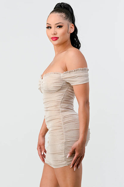 LUX SHINY METALIC GLITTER RUFFLED OFF SHOULDER BODYCON MINI DRESS