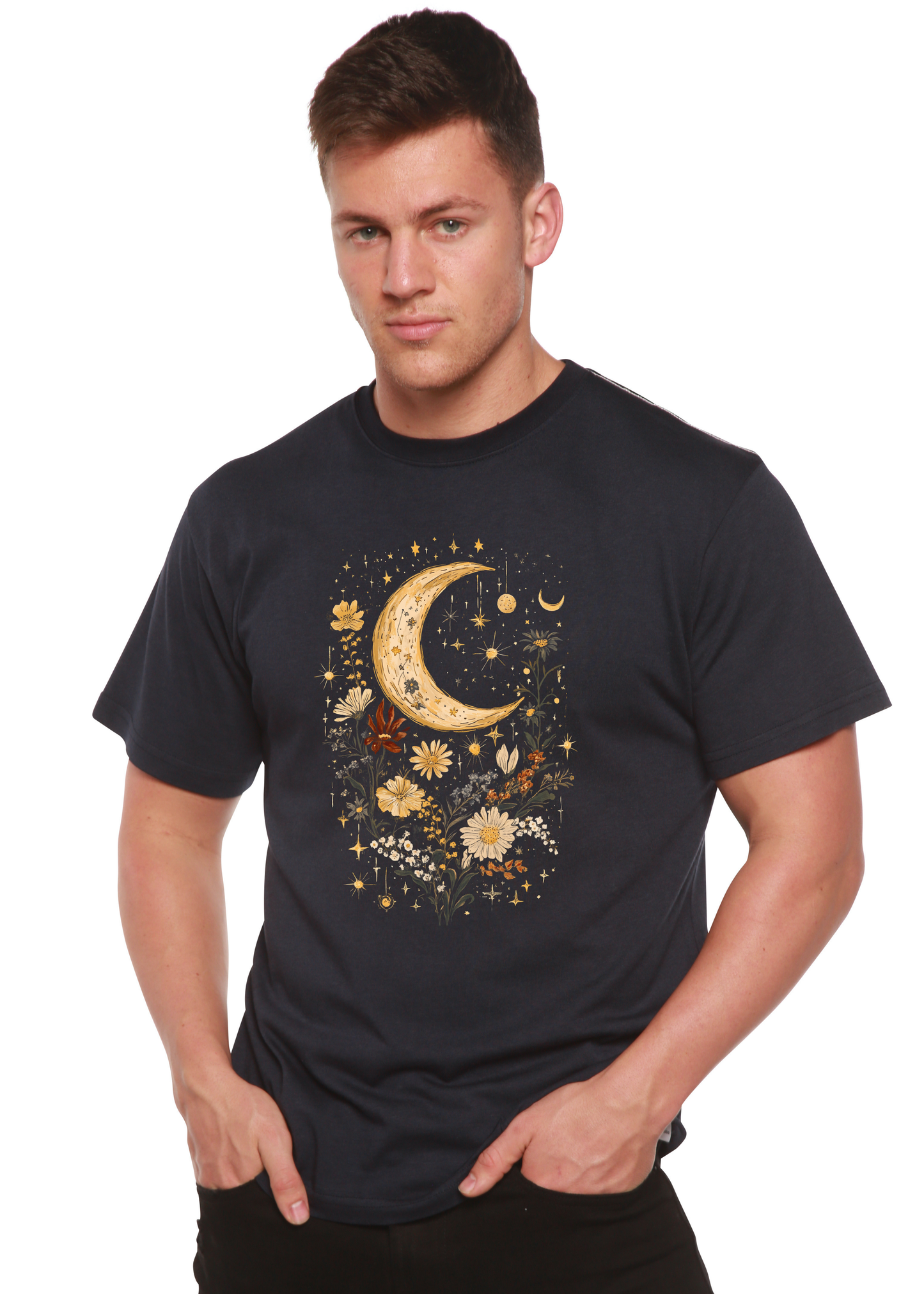 Celestial Moon Boho Flowers Vintage Unisex Bamboo/Cotton Graphic T-Shirt