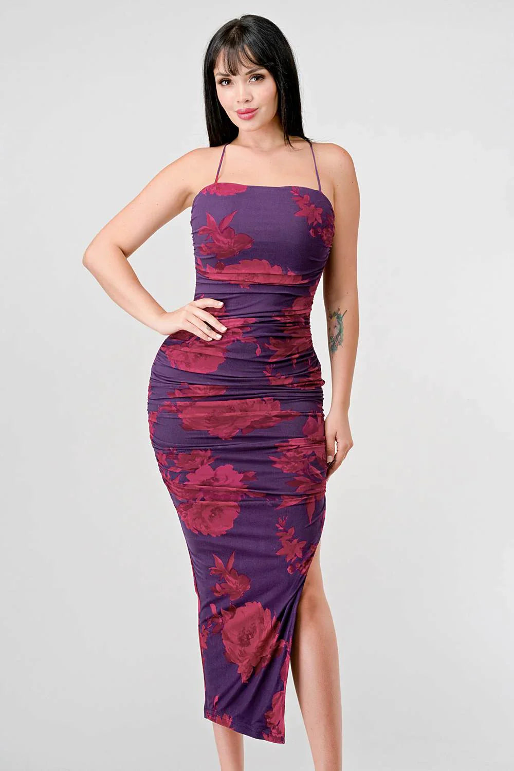 FLORAL PRINT MESH SIDE SLIT DRAWSTRING BACK SLITTED BODYCON MIDI DRESS