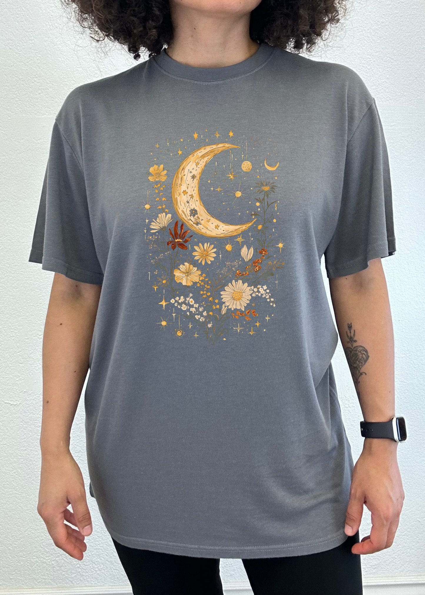 Celestial Moon Boho Flowers Vintage Unisex Bamboo/Cotton Graphic T-Shirt