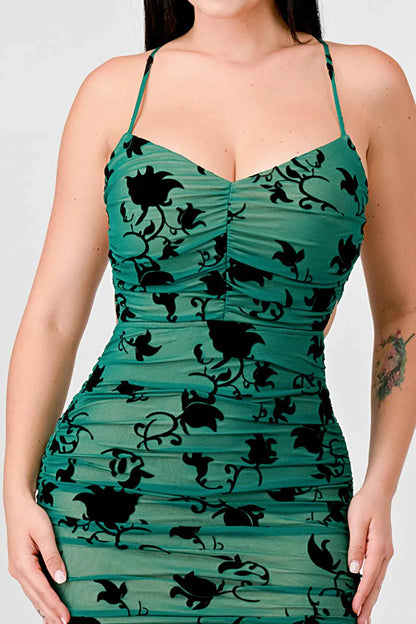 CLASSY MESH VELVET FLOCKING SIDE SLIT DRAWSTRING BACK BODYCON MIDI DRESS