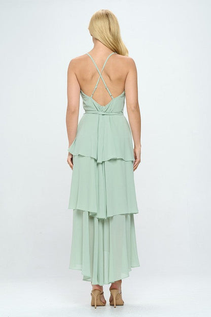 Belted Layered Hem Sleeveless Maxi Dress