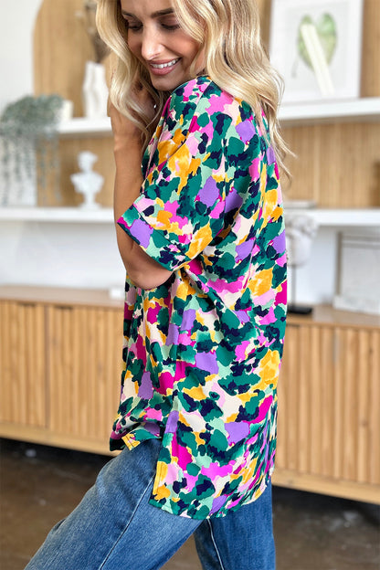 Double Take Full Size Printed V-Neck Short Sleeve Blouse