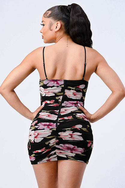 FLORAL MESH RUCHED BODYCON MINI DRESS