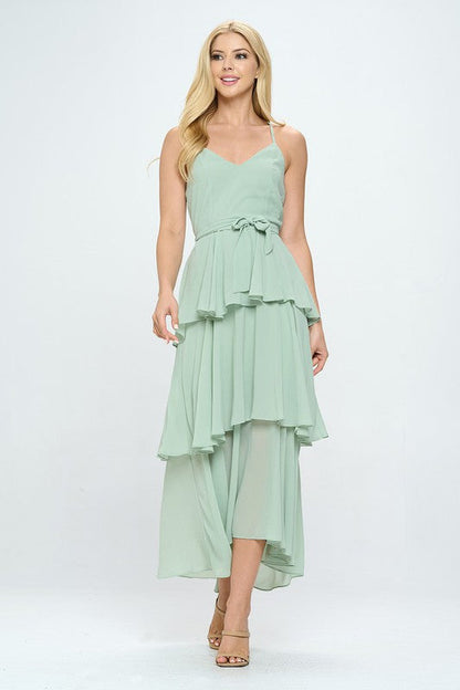 Belted Layered Hem Sleeveless Maxi Dress