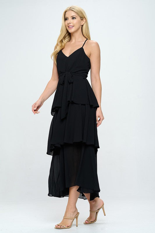 Belted Layered Hem Sleeveless Maxi Dress