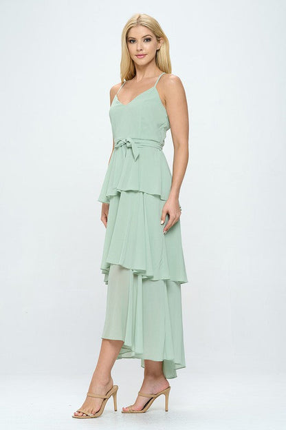 Belted Layered Hem Sleeveless Maxi Dress